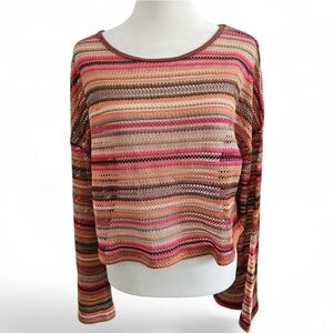 Bohemian Pink and Brown Striped Knit Relaxed Fit Bell Sleeves Blouse Medium
